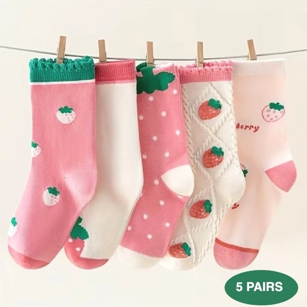 Girls Polychrome Strawberries Whimsical Socks 6-8 Durable Casual Pastel 5 Pairs‎